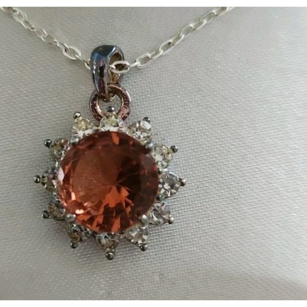 silver necklace W/peach sunstone pendant surrounded by a halo of Accent Stones - Picture 5 of 5